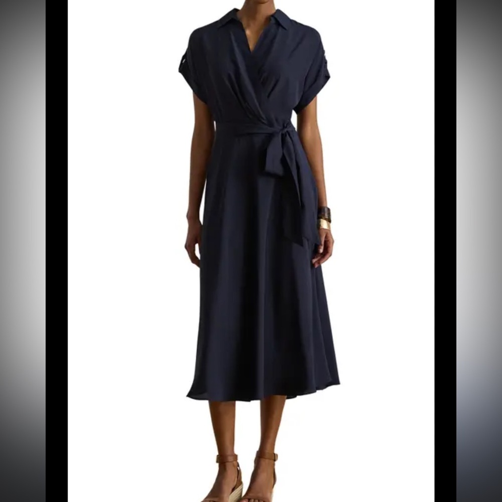Ralph Lauren Classic Navy Wrap Midi Dress with Tie Waist